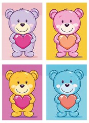 Fototapeta premium Whimsical Teddy Bear Quartet: A quartet of adorable teddy bears, each in a vibrant hue, tenderly embrace heart-shaped symbols, embodying love and affection.