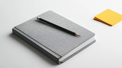 clean 3D representation of gray hardcover notebook with pencil and sticky note. Ideal for office or study settings, conveying organization and creativity