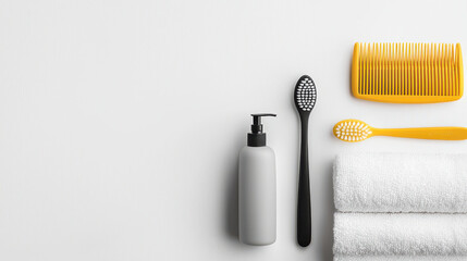 clean arrangement of daily necessities including gray bottle, black toothbrush, yellow comb, and white towels, perfect for minimalist bathroom setup