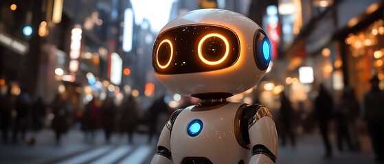 Futuristic robot in a city at night.