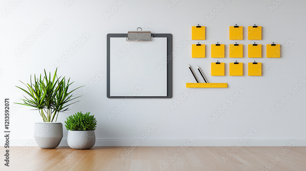 Leinwandbilder clean and minimalist workspace featuring clipboard, sticky notes, and plants. bright yellow notes ad
