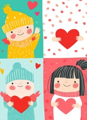 Love is in the Air: A delightful illustration featuring four adorable characters, each with a warm, friendly smile and hearts in their hands.