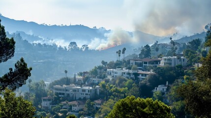 A photograph of the Hollywood Hills with smoke from the Los Angeles fire in the background