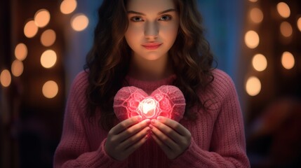 woman holding glowing heart romantic winter scene