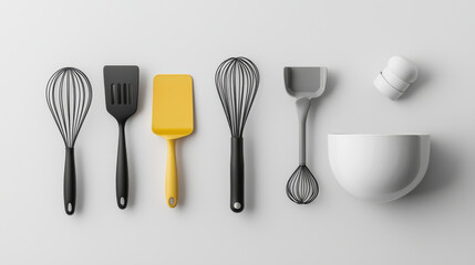 Modern kitchen utensils arranged neatly on white background, featuring whisks, spatulas, and bowl in various colors. This clean design emphasizes functionality and style
