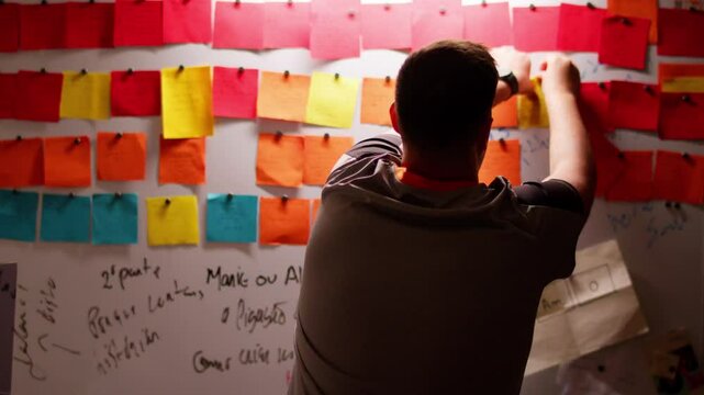 Man examines sticky note during brainstorming and repositions it.