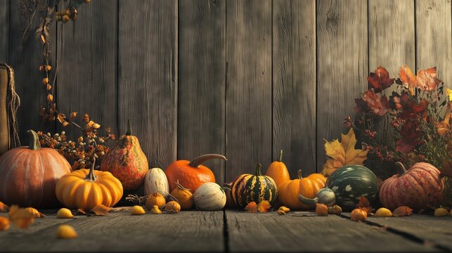 Pumpkins, gourds, and other fall-themed decorations are shown in an autumn bottom border banner on a rustic wood background with copy space