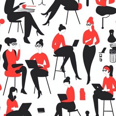 Women working remotely home office illustration digital environment overhead view empowerment