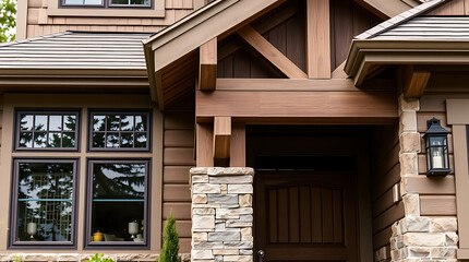 Fototapeta premium Modern Luxury Home Exterior: Architectural Design and Details. Stunning wood and stone facade, showcasing elegant design elements. Perfect for real estate and home design inspiration.