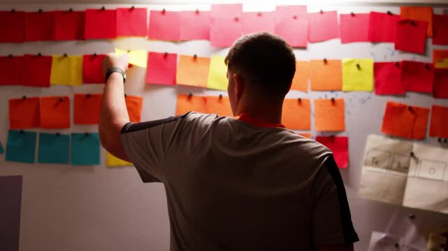 Man organizing colorful sticky notes during a brainstorming session
