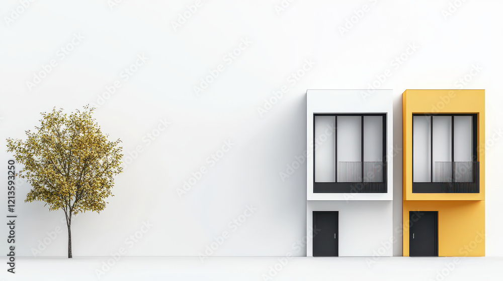 Poster Minimalist illustration of two modern buildings with tree, showcasing clean lines and vibrant colors. white and yellow structures stand out against plain background