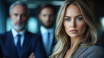 A confident woman stands in the foreground with two men in suits behind her, exuding professionalism.