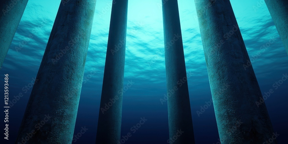 Poster clean energy hydropower concept. underwater view of pillars, creating a serene and tranquil atmosphe