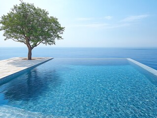 Obraz premium Infinity pool overlooking ocean with tree.