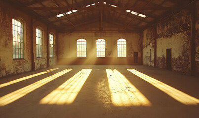 Sunbeams in derelict warehouse, urban decay, industrial design