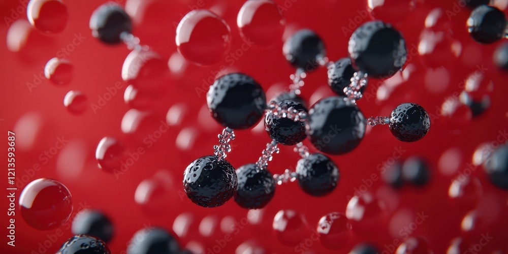 Poster clean energy hydropower concept. abstract molecular structures floating in a vivid red background.