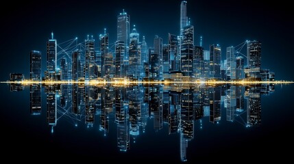 Futuristic wireframe city with interconnected buildings and glowing lines representing a smart city perfect for technology ads and digital business themes