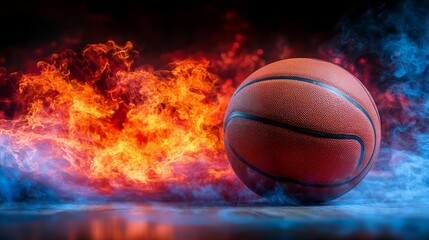 Fototapeta premium A dynamic basketball with vibrant flames and smoke effects creating intense motion.