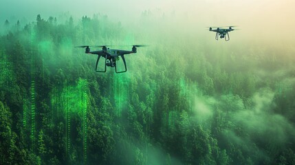 Fototapeta premium Drones surveying misty forest, data overlay