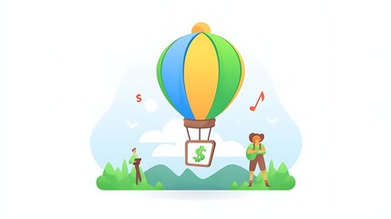 Hot air balloon with dollar sign, people hiking.