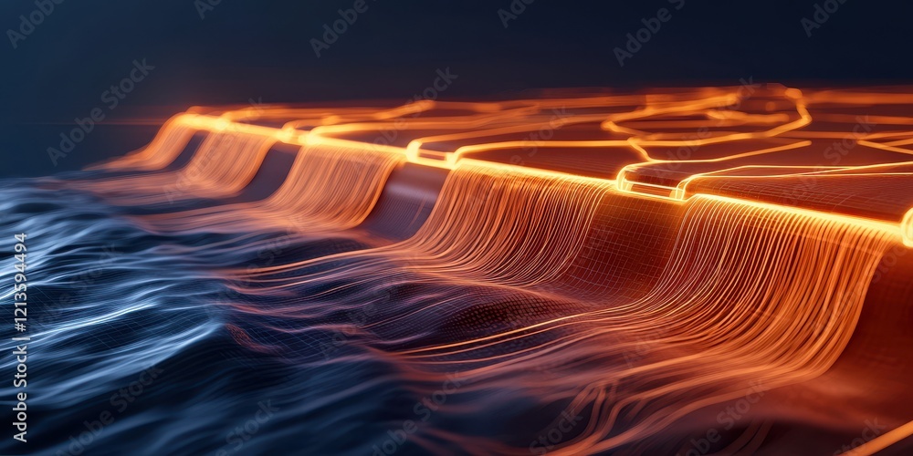 Poster clean energy hydropower concept. abstract digital landscape with glowing lines and waves.