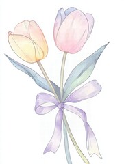 Naklejka premium Delicate Duet: Two pastel tulips, one pale yellow and one soft pink, bloom together, tied with a delicate lavender ribbon.