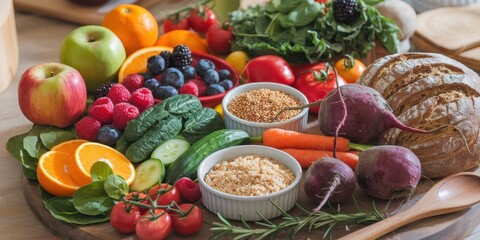 Colorful assortment of fresh fruits vegetables and bread