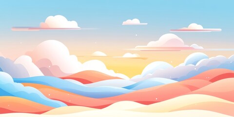 Dreamy Pastel Hills and Sky at Sunset, Soft Clouds, Peaceful Landscape