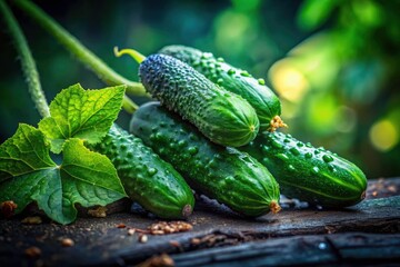 Obraz premium Low Light Gherkin Photography: Close-Up of Young Fresh Gherkins on Branch