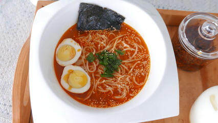 Ramen noodles with egg and delicious broth with a homemade recipe, and is widely loved in Asia.