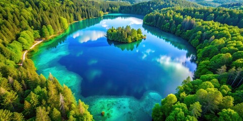 Naklejka premium Stunning Aerial Drone Lake Photo: Top View, Rule of Thirds, Crystal Clear Water, Peaceful Nature