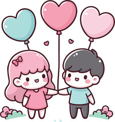 Cute heart-shaped balloons floating in the air with a happy couple holding hands. Happy Valentine's Day.