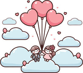 Cute heart-shaped balloons floating in the air with a happy couple holding hands. Happy Valentine's Day.