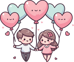 Cute heart-shaped balloons floating in the air with a happy couple holding hands. Happy Valentine's Day.
