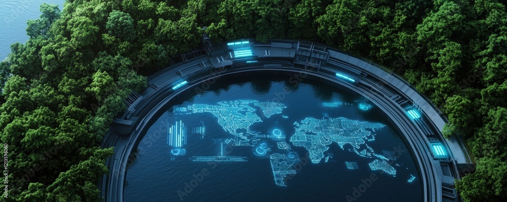 Poster clean energy hydropower concept. futuristic world map surrounded by lush greenery and glowing techno