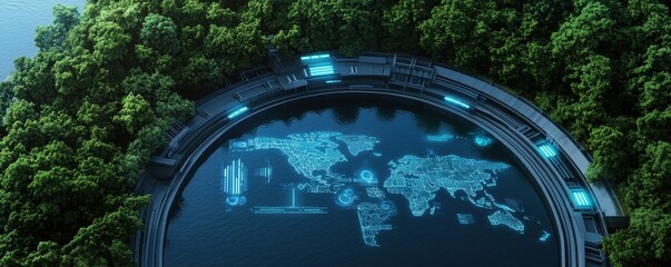 clean energy hydropower concept. Futuristic world map surrounded by lush greenery and glowing technology elements.