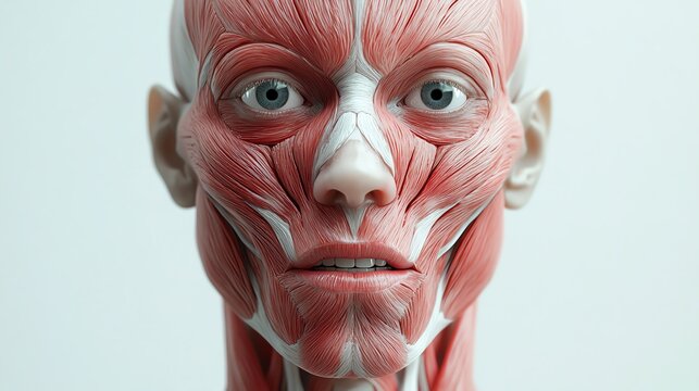 Create a 3D diagram of the muscles of the face, including the masseter, temporalis, and other facial muscles involved in expressions like smiling, frowning, and blinking