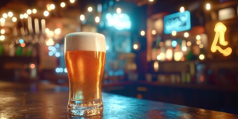 Glass of beer is on a bar counter