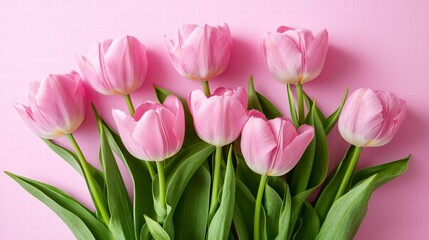 Bouquet of pink tulips flowers on pastel pink background. Happy Women's Day, Mother's Day.
