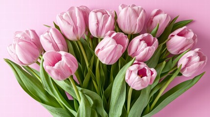 Fototapeta premium Bouquet of pink tulips flowers on pastel pink background. Happy Women's Day, Mother's Day.