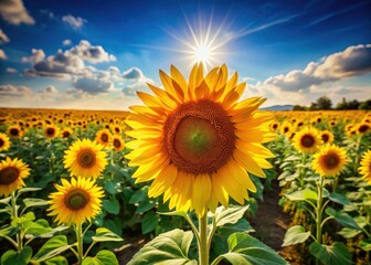 Obraz premium Sunflowers Field Summer Blue Sky Minimalist Photography - Hot Day Landscape