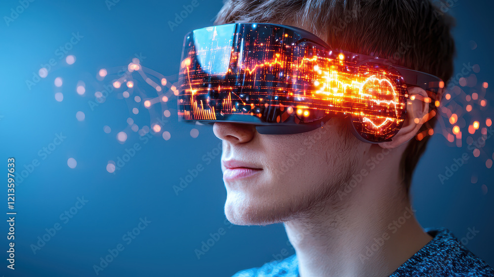 Leinwandbilder person wearing virtual reality headset, immersed in digital world with glowing graphics and data vis