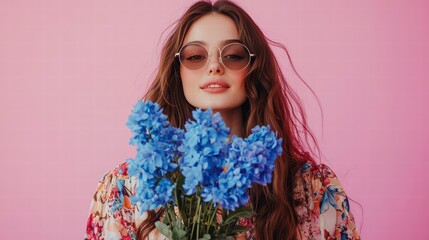 Naklejka premium Close up portrait of young beautiful woman. Attractive woman with flowers. Female with tulips. Spring bouquet.