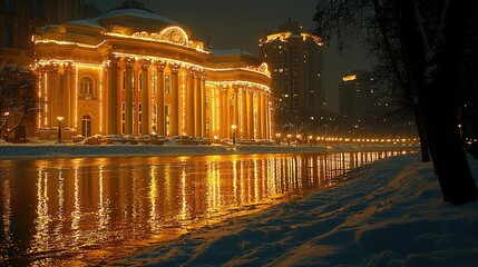 Illuminated Building Reflecting in Winter Water at Night