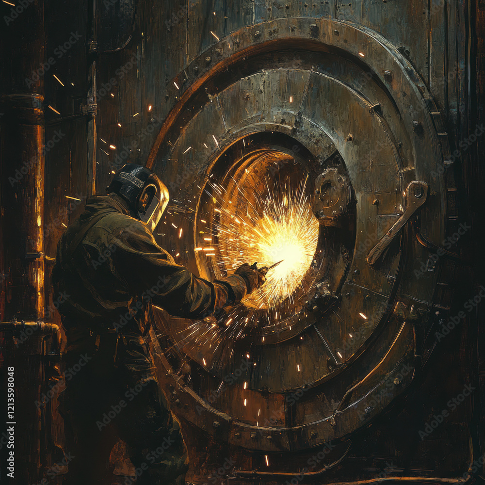 Poster a futuristic tunnel with metallic surfaces and intricate patterns, illuminated by light, featuring s