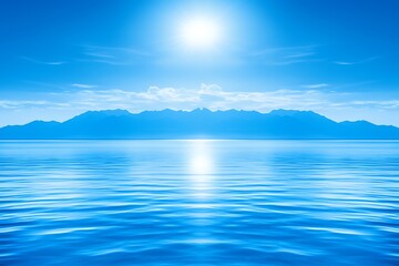 Obraz premium Serene ocean landscape with sun reflecting on calm water and distant mountains.