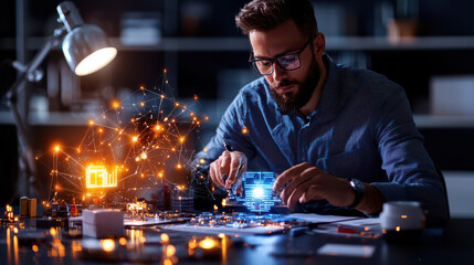 entrepreneur using advanced AI technology to develop innovative solutions in modern workspace. scene captures creativity and focus in tech driven environment