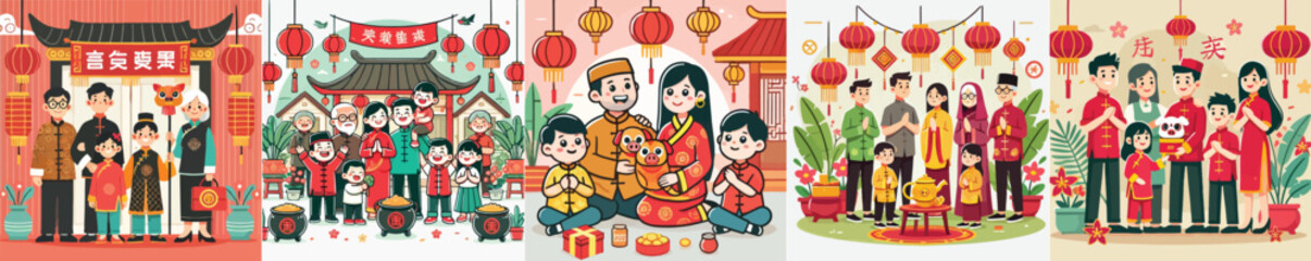 vector image of a family celebrating Chinese New Year