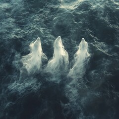 Naklejka premium Three ethereal forms rising from ocean waves at sunset, mystical fantasy art