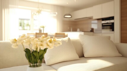 Bright and airy modern living room features neutral tones, comfortable seating, and a fresh floral arrangement, creating a relaxing atmosphere